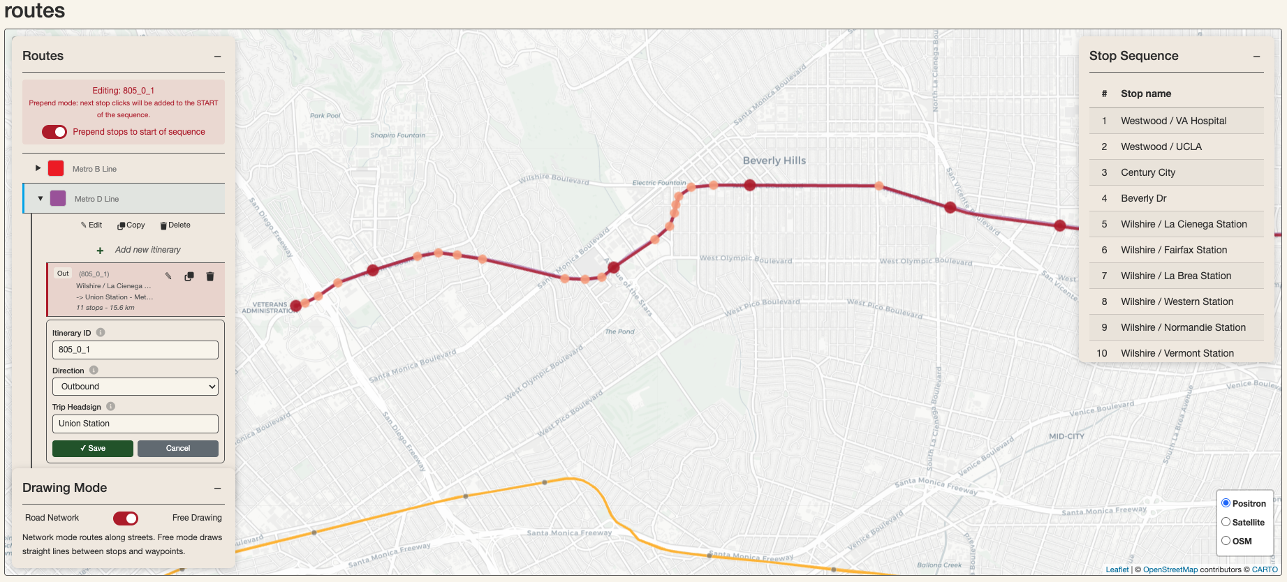 Extend both inbound and outbound itineraries to the new terminus at Westwood / VA Hospital. For the Eastbound itinerary, activate prepend stops mode to add stops to the start of sequence instead of at the end.