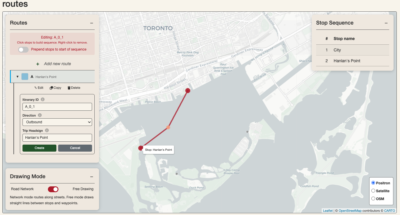 Creating the outbound itinerary for the Hanlan's point route. A waypoint is in between the City stop and the Hanlan's Point stop to add detail to the path.