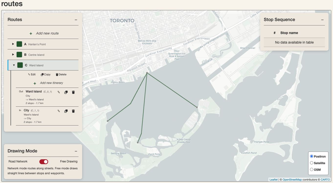 Routes module after producing all the Route and Itinerary details for the Toronto Island Ferries network.