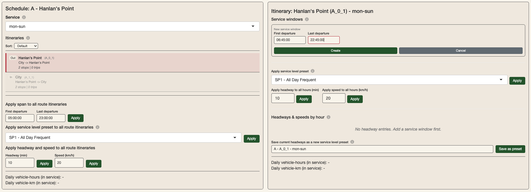 Creating a service window for the outbound itinerary of the Hanlan's point route.
